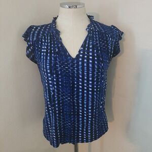Loft Outlet Blue White Ikat Print Ruffle Tie Neck Flutter Sleeve Blouse XS‎
